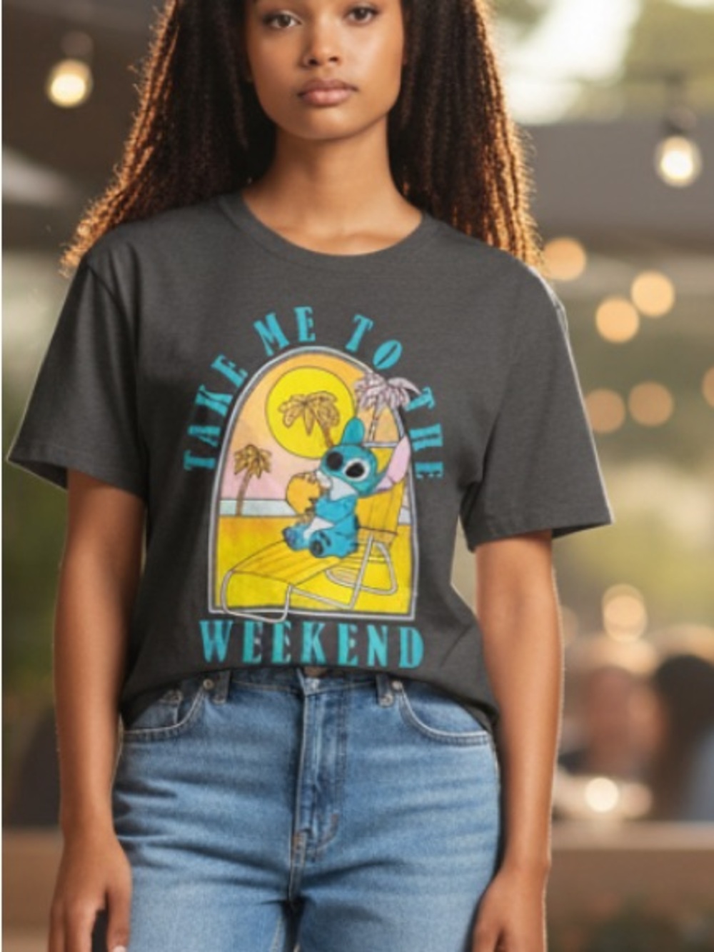 Disney Black Short-Sleeve Tee with Blue Stitch & Yellow Beach Graphic